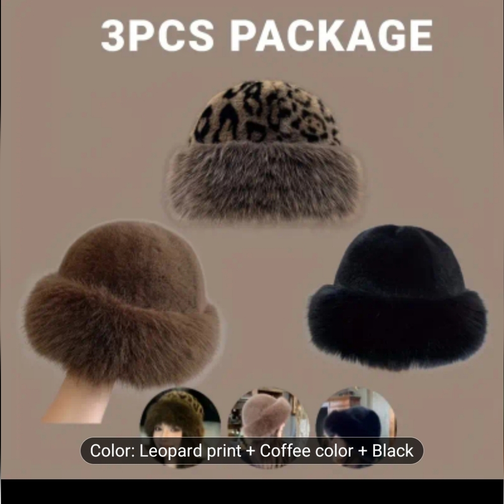 Stylish Women's Fur Hat Set - Leopard, Coffee, Black